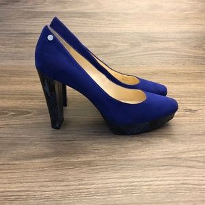 Calvin Klein Suede / Patent Snake Platform Pumps
